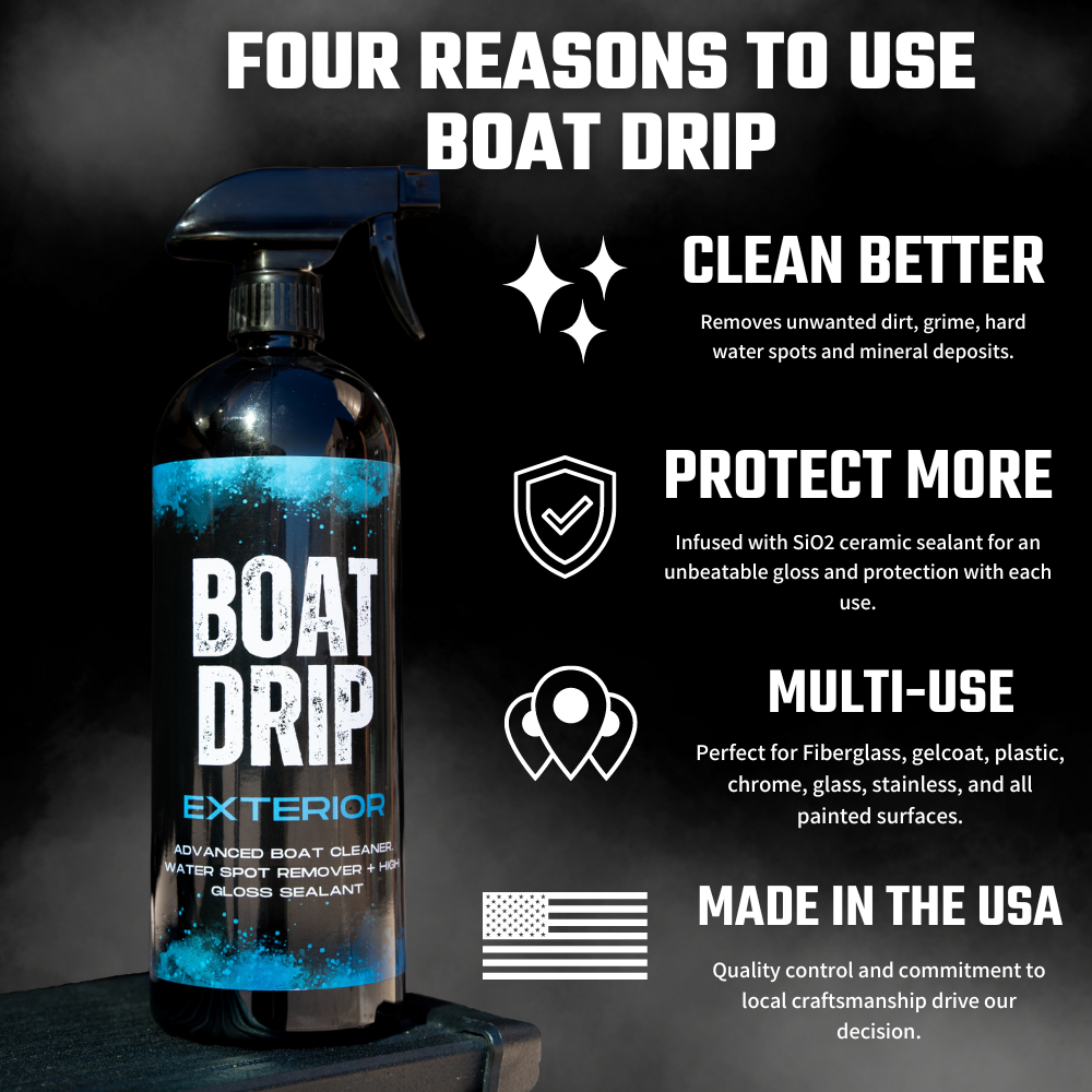 Boat Drip - Exterior Boat Hull CleanerThe best boat cleaning spray - Boat Drip. Remove hard water spots / dirt / grime, and protect your boat paint with this one spray! Boat Drip offers a premium water spot remover and high gloss sealant, delivering a pri